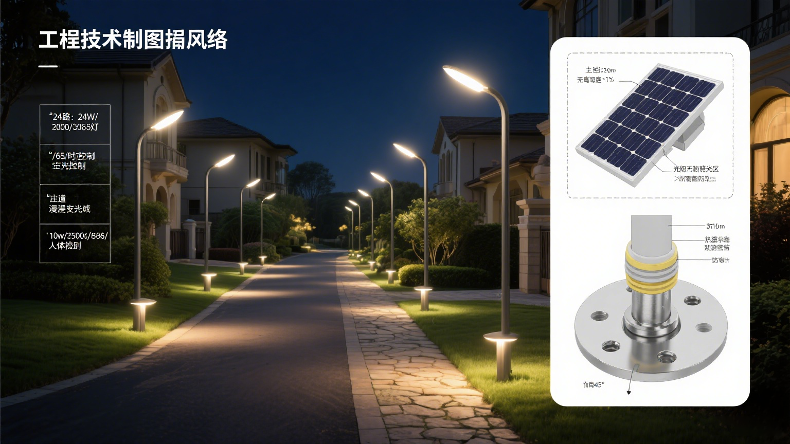 別墅區(qū)太陽能路燈安裝實例 效果示意